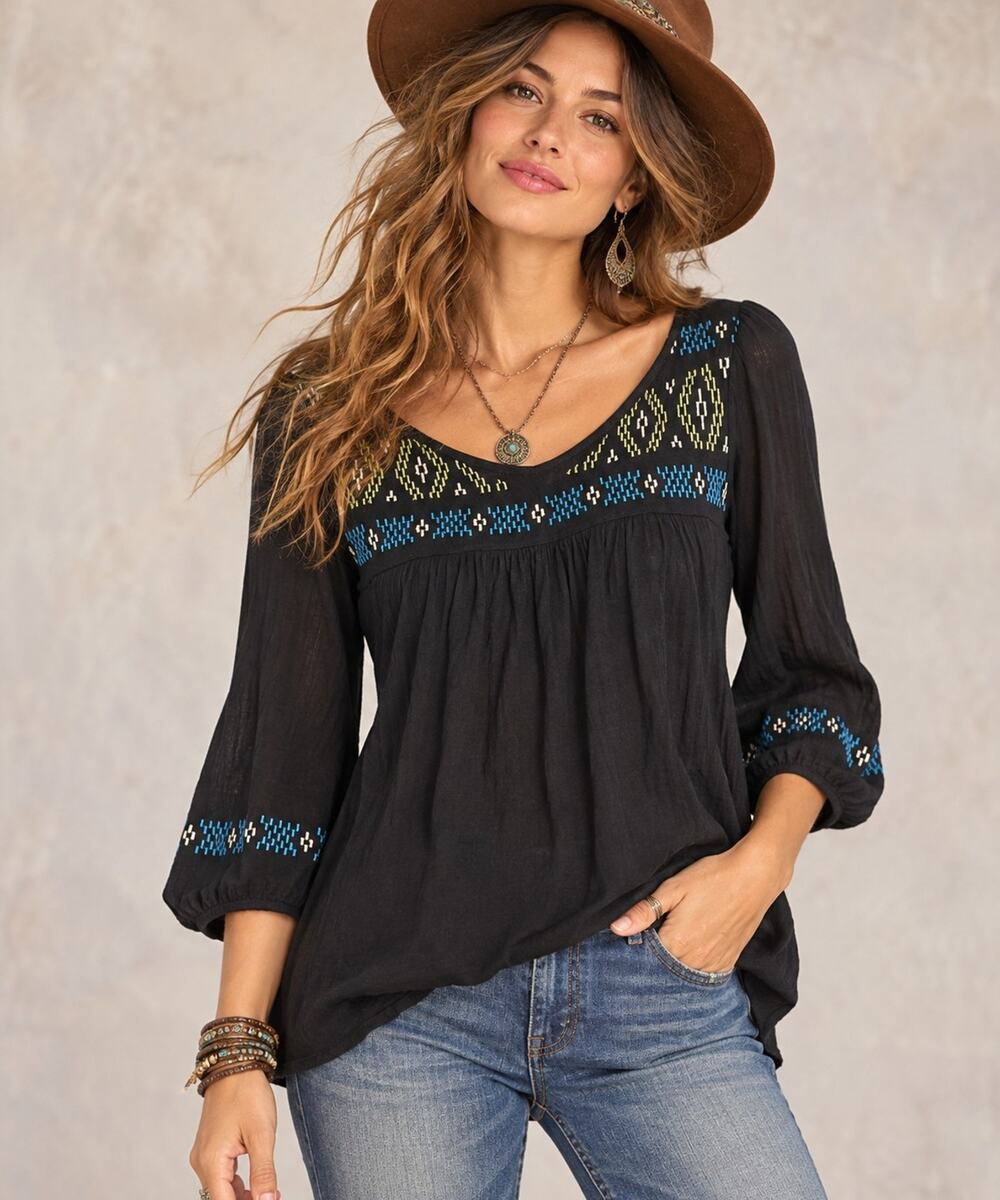 Lucky Brand Navy Blue Embroidered Boho Peasant Blouse 3/4 Sleeve Hippie Top M
